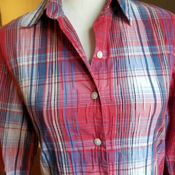 Red white & blue long sleeved plaid petites top - Picture 2 of 7